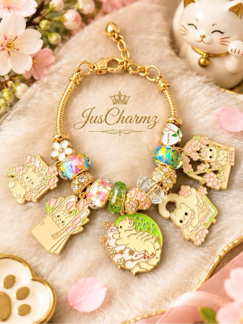 Kawaii Lucky Cat Sakura Cherry Blossom Charm Bracelet